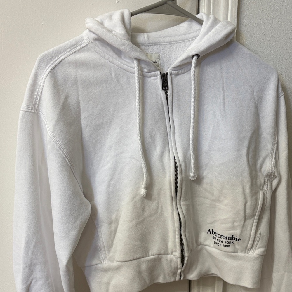 Abercrombie & Fitch White Full-Zip Hooded Sweatshirt